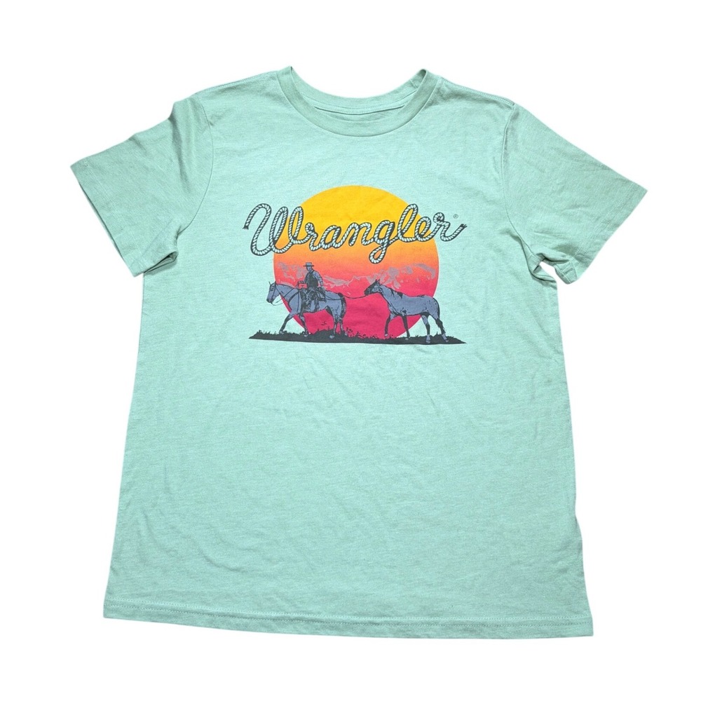 Wrangler Womens Graphic T-Shirt Sage Green Western Cowboy Sunset Tee Small